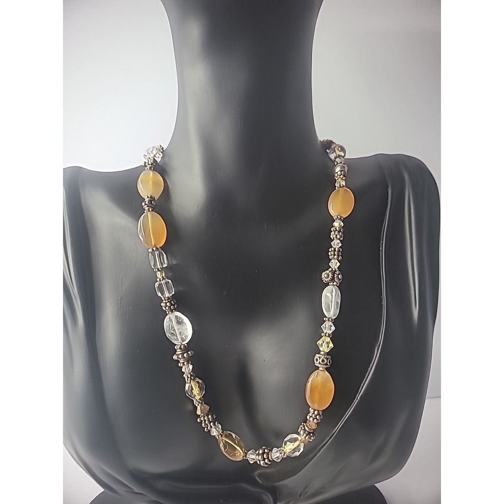 Vintage Necklaceβ Beaded Orange Silver Tone Stone Toggle Clasp Jewelry Costume